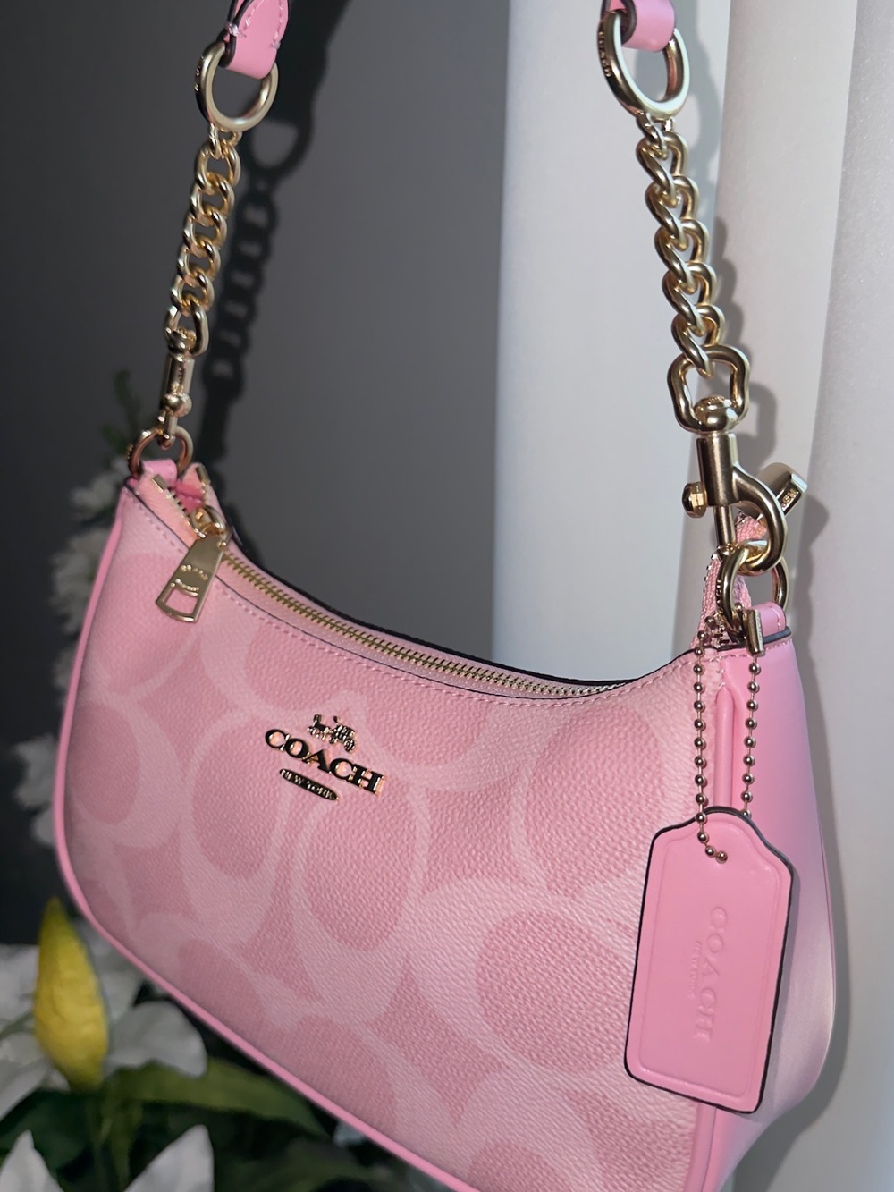 Coach Pink Signature Mini Shoulder Bag with Gold Chain - Picture 6 of 10